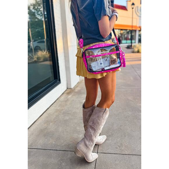 Priscilla Clear Cowhide Crossbody Purse Bag Concert Festival Stadium Pink Silver - Picture 3 of 8